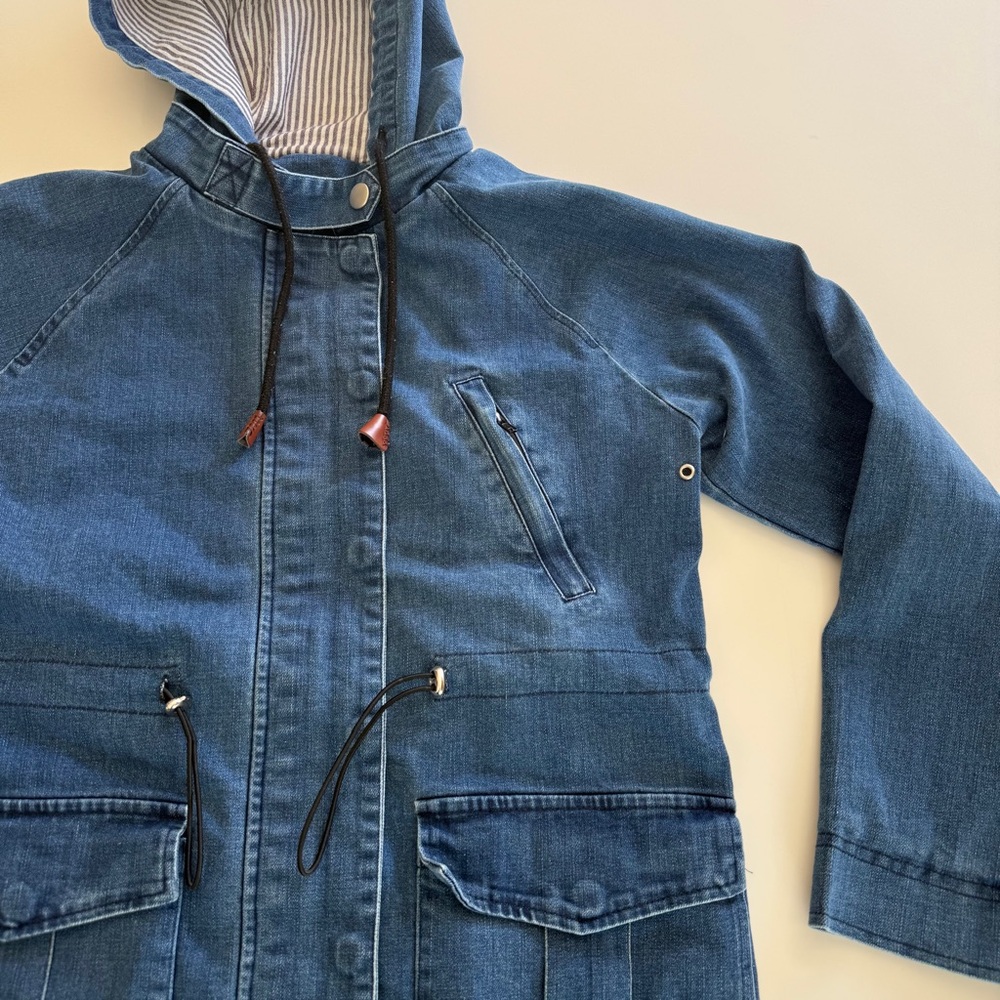 mo:vint-Denim Chore Jacket-Fisherman Core-Pockets-Hood-Size S - Picture 5 of 12